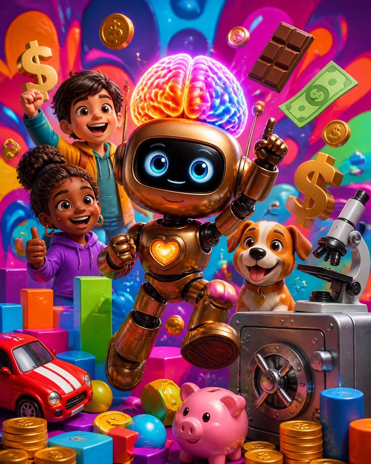 Universo colorido da Fininho Store — crianças, mascote Fininho, cofrinho, moedas e ferramentas de aprendizado
